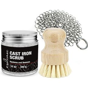 Culina Cast Iron Cleaning & Restoring Scrub & Brush & stainless scrubber,Removes Rust Without Scratching & Care Before Cleaning, Washing & Seasoning,for Cast Iron Skillets, Pans & Cookware