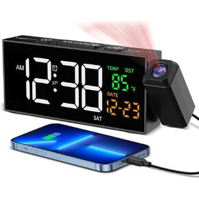 Netzu Projection Clock for Bedroom Ceiling, Alarm Clock with 180° Rotatable Projector, Date Temperature and Weekday, Manual DST, 3 Alarm Settings, 5 Brightness and Snooze