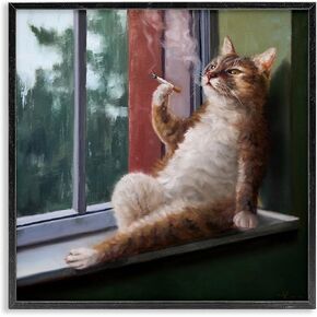 Stupell Industries House Cat Smoking Lounging in Window Pane, Designed by Lucia Heffernan Black Framed Wall Art, 12x12, Brown