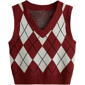 SweatyRocks Women's Plaid Geo Sleeveless V Neck Knit Crop Top Sweater Vest Pink Blue Small
