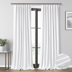 White Blackout Curtains 102 Inch Length for Bedroom Hook Belt Thermal Insulated Heat Blocking Black Out Curtains 102 Inches Long 2 Panels Cotton Linen Modern Elegant Living Room Darkening Drapes