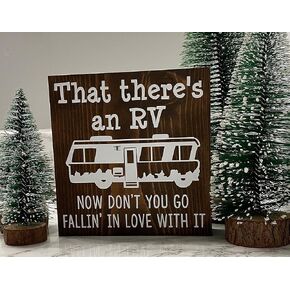HOUVSSEN Wood Sign Stakes Christmas Vacation That There’s an RV Now Don’t You go Fallin in Love with it Cousin Eddie Quote Funny Holiday Decor Camping Sign 8 x 8 inch