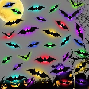 LeeSky 60 Pcs Led Halloween 3D Lighted Bats Decorations Wall Stickers, 4 Different Size Removable PVC Halloween Light Up Bats Wall Sticker Decorations for Indoor Home Window Decor
