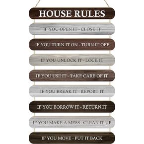 House Rules Sign Wall Art Decor for Home Bedroom Living Room Kitchen Bathroom Door, Rustic Farmhouse Hanging Wood Signs Decorations, Funny Room Rules Decor Wooden Plaque, 12x19in
