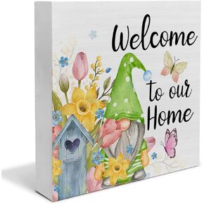 Welcome to Our Home Spring Wooden Box Sign Farmhouse Spring Welcome Gnome Wood Box Sign Art Blocks Desk Shelf Tabletop Home Decor 5 X 5 Inch