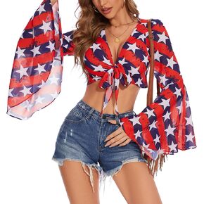 Mesh Tops for Women Bell Sleeve Rave Outfits Tie Front Crop Top Long Sleeve Shirt Sheer Blouse Festival