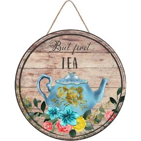 Aowotu Vintage Round Sign Floral Kitchen Teapot But First The Tea Teapot Wall Art Sign Floral Decoration Relax Wall Art Suitable for Farmhouse Home Decoration Housewarming Gift 12 X 12 Inches