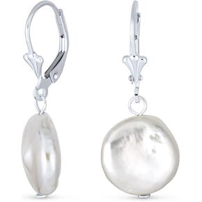 Bridal White Biwa Coin Freshwater Cultured Pearl Clip On Earrings For Women Non Pierced Ear .925 Sterling Silver