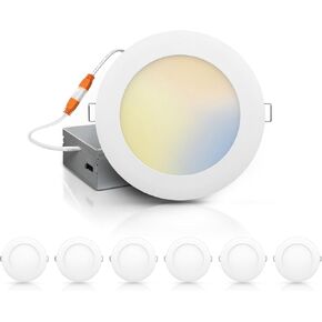 ECOELER 6 Inch Ultra-Thin LED Recessed Light with Junction Box, 2700K/3000K/4000K/5000K/6000K Selectable, 12.5W 110W Eqv, Dimmable, 1100LM High Brightness - ETL and Energy Star Certified
