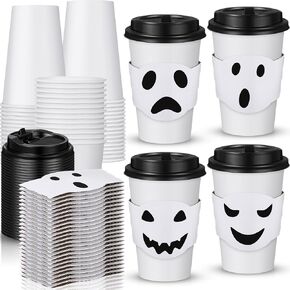 48 Sets Halloween Disposable Coffee Cups with Lids 12 oz Halloween Paper Cups with Sleeves Hot Cold Drinking Cups for Halloween Day of the Dead Party Decoration(Pumpkin Design,Orange)