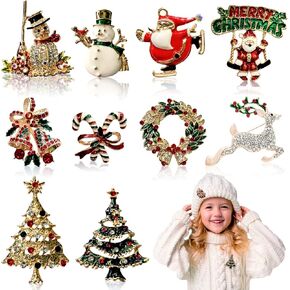 10 Pack Christmas Brooch Pin,Crystal Rhinestone Brooches Cute Christmas Theme Pins Jewelry Gifts Christmas Decoration for Girl & Women