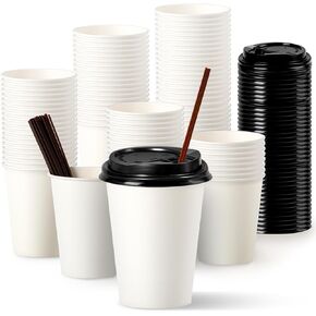 Fit Meal Prep 100 Pack 4 oz Disposable Coffee Cups with Black Lids and Stirrers, Small To Go Coffee Cups, Espresso Hot Paper Cup for Hot and Cold Beverage, Cortado, Macchiato