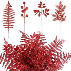 40 Pcs Christmas Glitter Artificial Picks Set Christmas Leaf Sprays Cedar Picks Glitter Berries Stems Tropical Leaf Pine Needles Christmas Stems Branches for Christmas Tree Vase Home(Gold)