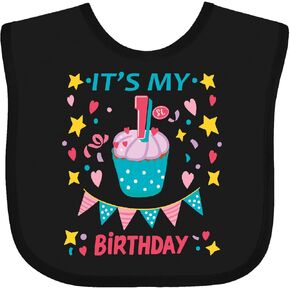 inktastic Colorful Cupcake and Confetti Girls 1st Birthday Baby Bib White and Pink 41e0d
