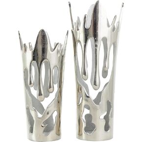 Deco 79 Aluminum Metal Decorative Vase Drip Centerpiece Vases with Melting Designed Body, Set of 2 Vases for Home Decoration 20", 16" H, Silver