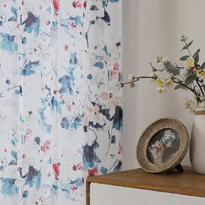 OWENIE Crushed Sheer Curtains 63 Inches Length 2 Panels Set, Sheer Floral Curtians with printed Design, Printing Drapes on Sheers for Living Room, Rod Pocket Light Filtering Window Sheers 42" W x 63"L