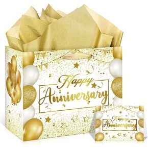 Blue Silver Anniversary Party Gift Bag with Tissue Papers and Card, 11.8'' Blue Wedding Anniversary Paper Gift Wrapping Paper Bag for Men Women Christmas Wedding Anniversary Party Supplies Gift Bag