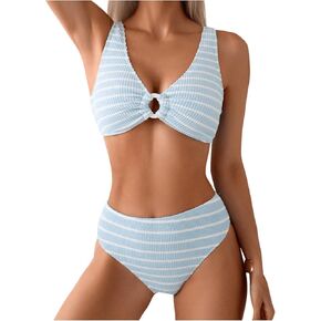 SOLY HUX Women's Striped Bathing Suit V Neck High Waisted Bikini Sets Two Piece Swimsuit