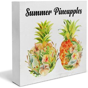 Farmhouse Pineapple Wood Box Sign Art Desk Decor 5"x5" Summer Pineapples Wood Block Sign Decor for Home Kitchen Tabletop Shelf Wall