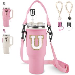 Personalized Initial A-Z Water Bottle Holder Bag for Stanley 40oz Tumbler with Strap,2 Straw Cover Caps & 2 Letter Chains for Stanley Cup Accessories
