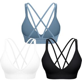 WANAYOU V-Neck Sports Bras for Women Cross Back Padded Yoga Bra Double Spaghetti Strap Workout Bra Sexy Wireless Bralettes