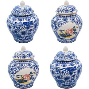 Set of 4 Small Blue and White Flower Vase Porcelain Vases Blue Chinoiserie Vase Decor Porcelain Ginger Jars for Home Decor, Bedroom, Living Room Console Tabletop Decor Table Accent Shelf(650 ml)