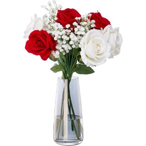 Fake Flowers with Vase, Silk Roses Artificial Flowers in Vase, Faux Flowers with Glass Vase for Coffee Table Decor, Living Room Bathroom Plant Decor, Centerpiece Table Decorations