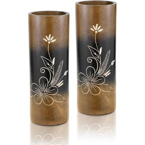 Aeravida Flourished Plumeria Flower Brown Cylindrical Mango Tree Wood Set of Vase | Modern Farmhouse Home Décor | Kitchen Bedroom Living Room Home Decoration in Kuwait
