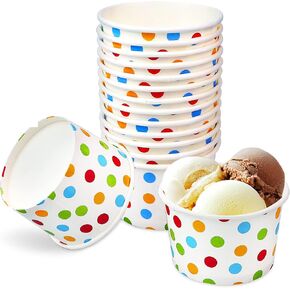 50 Pcs 9oz Paper Ice Cream Cups, Disposable Dessert Bowls for Hot or Cold Food, Party Supplies Treat Cups for Sundae, Frozen Yogurt, Soup,Colored Dots