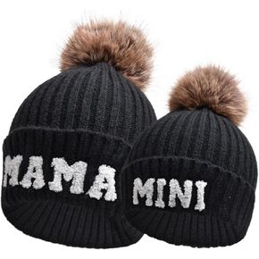 Kunyeah 2PCS Parent-Child Beanie Hat Women Embroidery Knitted Hat Mama and Baby Matching Hats Winter Warm Cap with Pom-Pom