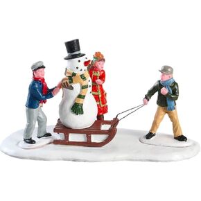 Lemax Christmas Figurine Kids Playing- #83355 - Kids Pulling A Snowman On A Sled In The Snow