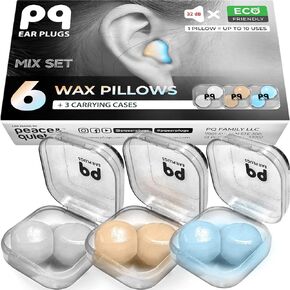 PQ Wax Ear Plugs for Sleep - 6 Silicone Wax Earplugs for Sleeping and Swimming - Gel Ear Plugs for Noise Cancelling, Wax Plugs Protect Ears While Sleeping with Sound Blocking 32 Db (6-Pillows), Mixed