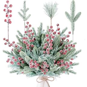 Sggvecsy 60 Pcs Artificial Snowy Pine Branches Fake Frosted Greenery Pine Picks Artificial Red Berry Stems Christmas Pine Needles for DIY Christmas Garland Wreath Xmas Flower Arrangements Decoration