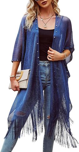 Ferand Women's Pearl Fringe Kimono Cardigan Sheer Loose Swim Cover Up for Beach, Pool, and Vacation in Saudi Arabia