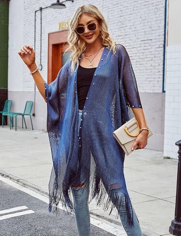 Ferand Women's Pearl Fringe Kimono Cardigan Sheer Loose Swim Cover Up for Beach, Pool, and Vacation in Saudi Arabia