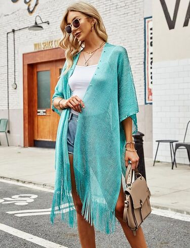 Ferand Women's Pearl Fringe Kimono Cardigan Sheer Loose Swim Cover Up for Beach, Pool, and Vacation in Saudi Arabia