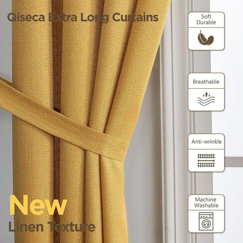 Qisaca Extra Long Curtains Faux Linen Sheer Window Curtains Floor to High Ceiling Curtains for Living Room Custom Made Two Story Curtains 52x168 Inches Long (14ft) 1 Panel Yellow in Saudi Arabia