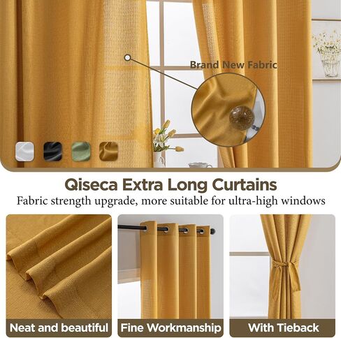 Qisaca Extra Long Curtains Faux Linen Sheer Window Curtains Floor to High Ceiling Curtains for Living Room Custom Made Two Story Curtains 52x168 Inches Long (14ft) 1 Panel Yellow in Saudi Arabia