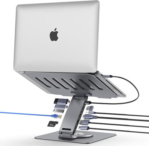 حامل كمبيوتر محمول لجهاز MacBook Pro/Air/Dell/HP/Surface/Lenovo HC حامل كمبيوتر محمول دوار 360 درجة مع محور USB قابل للتعديل لحامل الكمبيوتر المحمول للمكتب العالمي USB C Hub 3xUSB-A 3.0 USB-C 3.0 حامل الكمبيوتر المحمول in Kuwait