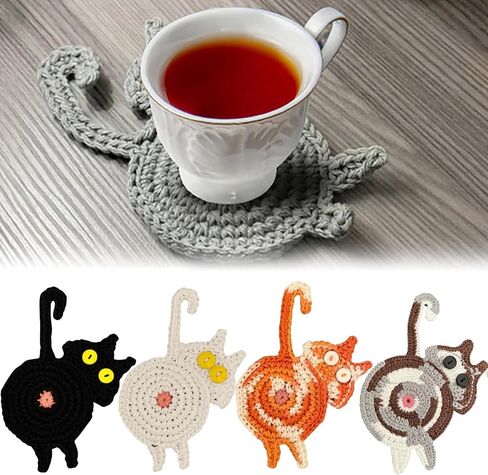 Cute Cat Cup Coasters, Cat Gifts for Cat Lovers, Cat Coaster Woven Creative Cat Knitted Coasters Funny Cat Drink Insulation Coaster Coffee and Tea Coaster Table Protection Desktop Gifts (4PCS) in Saudi Arabia