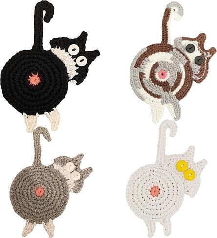 Cute Cat Cup Coasters, Cat Gifts for Cat Lovers, Cat Coaster Woven Creative Cat Knitted Coasters Funny Cat Drink Insulation Coaster Coffee and Tea Coaster Table Protection Desktop Gifts (4PCS) in Saudi Arabia