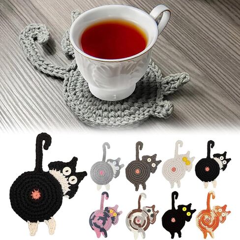 Cute Cat Cup Coasters, Cat Gifts for Cat Lovers, Cat Coaster Woven Creative Cat Knitted Coasters Funny Cat Drink Insulation Coaster Coffee and Tea Coaster Table Protection Desktop Gifts (4PCS) in Saudi Arabia