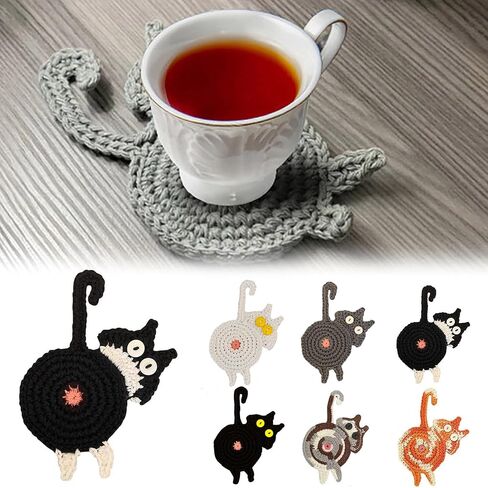 Cute Cat Cup Coasters, Cat Gifts for Cat Lovers, Cat Coaster Woven Creative Cat Knitted Coasters Funny Cat Drink Insulation Coaster Coffee and Tea Coaster Table Protection Desktop Gifts (4PCS) in Saudi Arabia