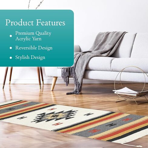 Boho Southwest Area Rug - Washable Bohemian Runner - Western Carpet - Rustic Rugs for Living Room, Outdoor Area, Bedroom, Decor, Kitchen & More (Center Diamond, 20x40 Inches, Cream/Black) in Saudi Arabia