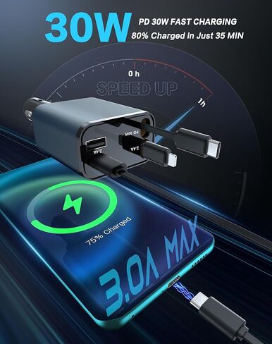 Retractable Car Charger, 4 in 1 Fast Car Phone Charger, Car Charger Adapter with 2 Retractable Cords 2.6ft & 2 USB Ports, Compatible with iPhone 15/14/13/12/11 Series, Galaxy, Pixel in Saudi Arabia