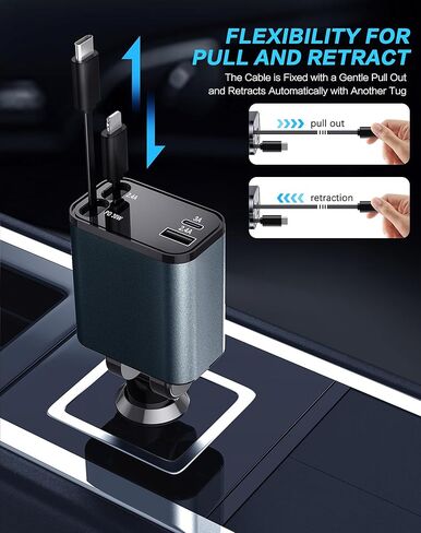 Retractable Car Charger, 4 in 1 Fast Car Phone Charger, Car Charger Adapter with 2 Retractable Cords 2.6ft & 2 USB Ports, Compatible with iPhone 15/14/13/12/11 Series, Galaxy, Pixel in Saudi Arabia