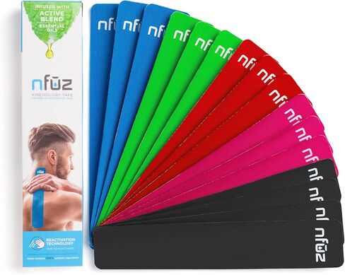 شريط علم الحركة المملوء بالزيوت العطرية - شريط NFUZ - مزيج نشط - شريط رياضي بالزيوت العطرية - شريط K، شرائط مقطوعة مسبقًا، شريط KTape لتعافي عضلات الجسم وتخفيف آلام العضلات (16 قطعة، متعدد الألوان) in Saudi Arabia