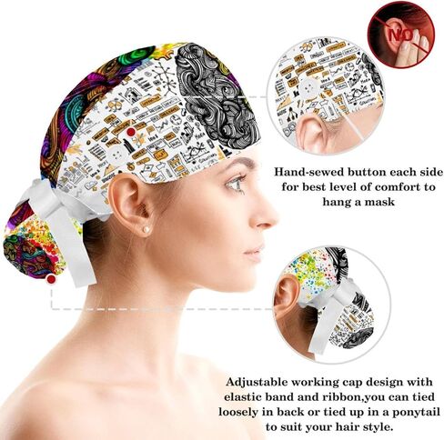 Brain with Knowledge Women Surgical Cap with Buttons, Long Hair Scrub Hat with Bow Hair Scrunchy Ponytail Holder in Saudi Arabia