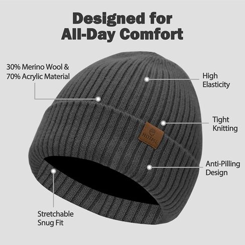 Oversized XL XXL Unisex Merino Wool Beanie with Fleece Lining Cold Weather Winter Hat Big Head in Kuwait