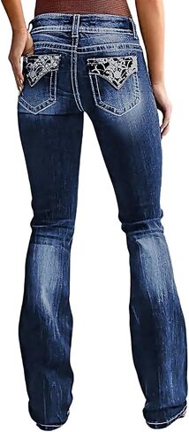 High Waisted Bell Bottom Jeans for Women Embroidered Stretch Flare Jeans Blue Wide Leg Jeans in Saudi Arabia